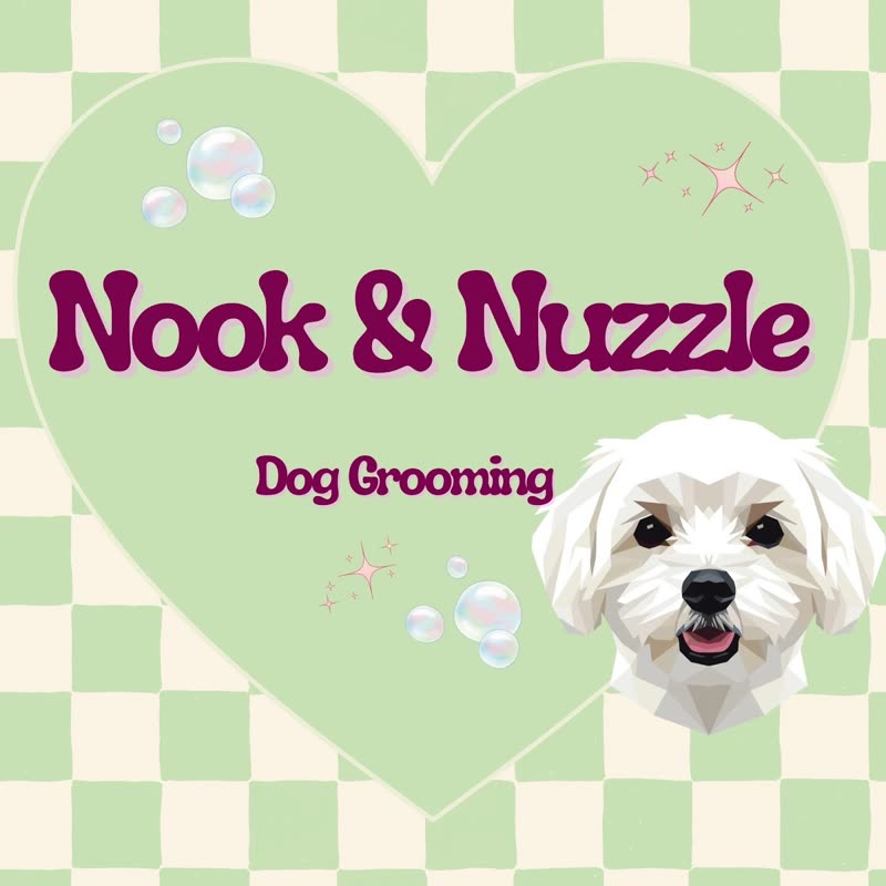 Nook & Nuzzle Grooming's own heart-and-bubbles brand artwork