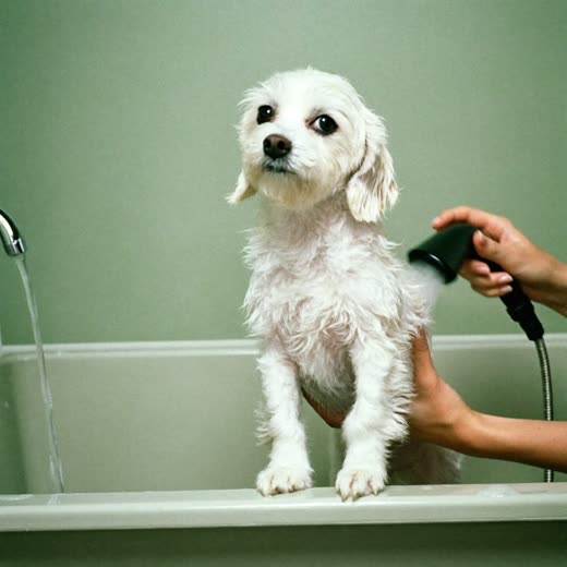 A small white dog being bathed