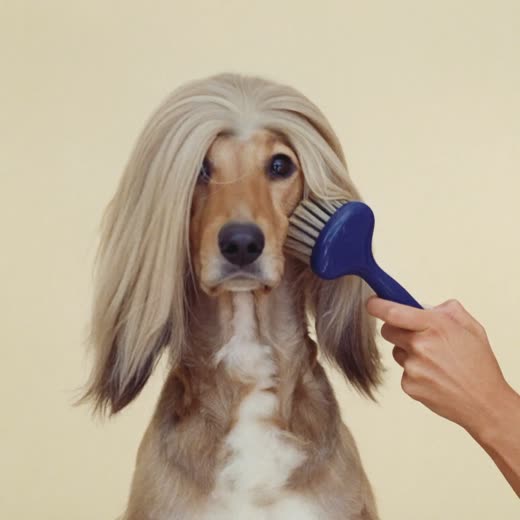A long-coated dog being brushed out